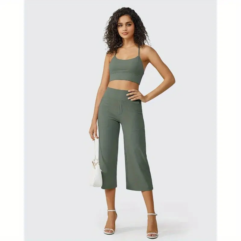 Women's High-Waisted Yoga Pants with Wide Legs - Non-Slip Waistband, Four-Way Stretch Workout Leggings, Side & Back Pockets - Muffin Top Prevention & Seamless Design for Yoga, Gym, Running, Everyday