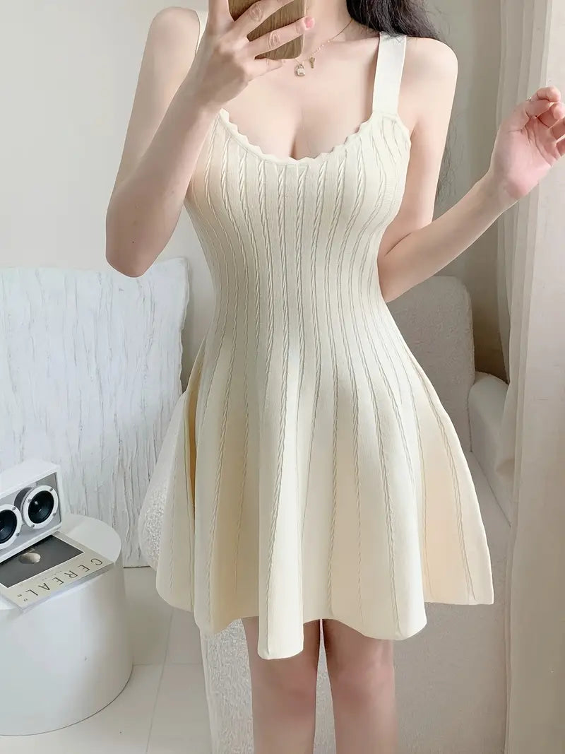 Women's Beige Sleeveless A-Line dress - flared mini skirt, Stretchy nonSee-Through fabric, All-Season party & Everyday Outfit, Easy-Care Machine Washable