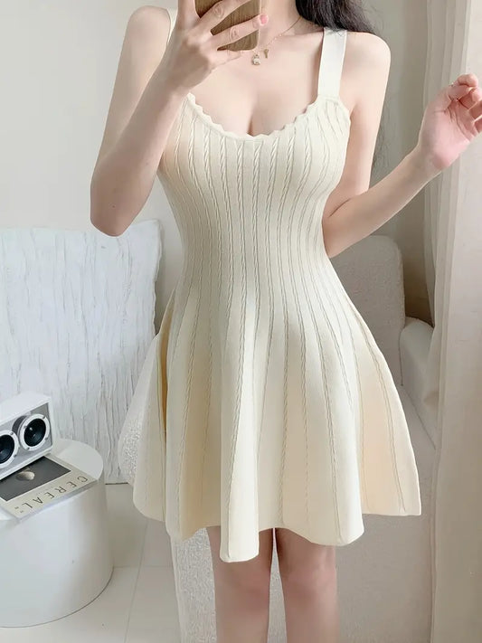 Women's Beige Sleeveless A-Line dress - flared mini skirt, Stretchy nonSee-Through fabric, All-Season party & Everyday Outfit, Easy-Care Machine Washable