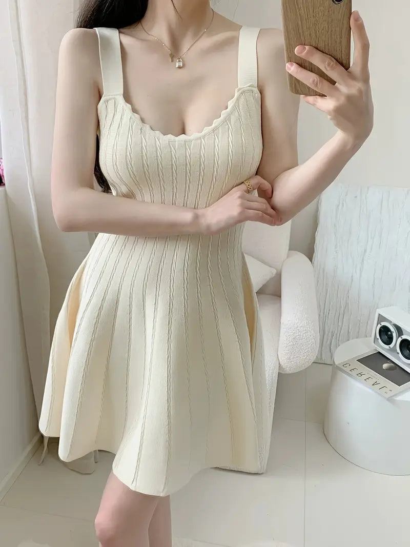 Women's Beige Sleeveless A-Line dress - flared mini skirt, Stretchy nonSee-Through fabric, All-Season party & Everyday Outfit, Easy-Care Machine Washable