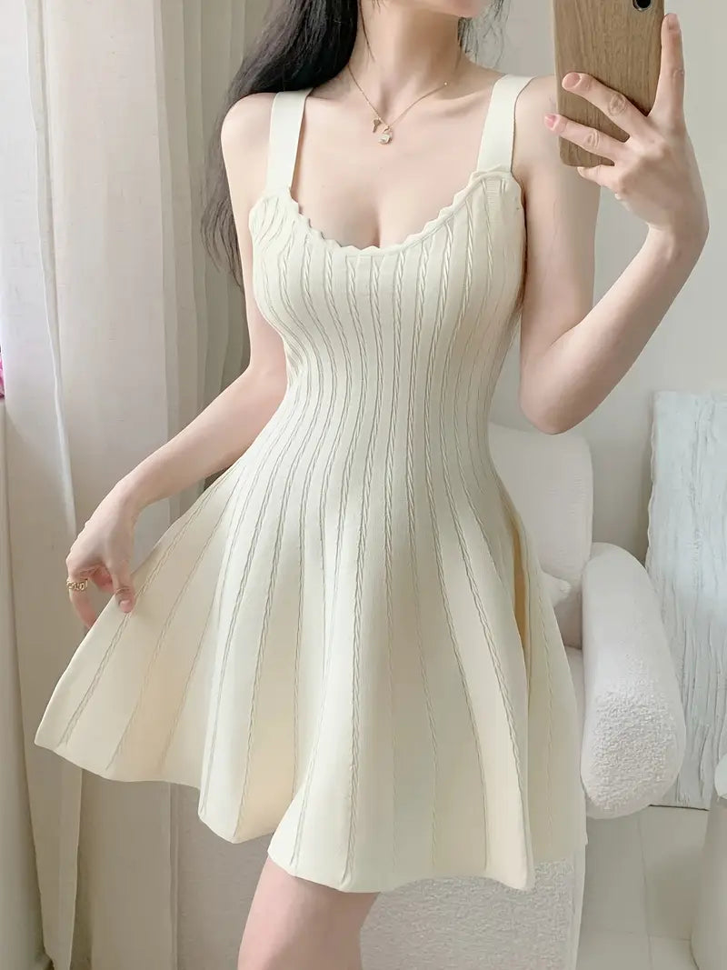 Women's Beige Sleeveless A-Line dress - flared mini skirt, Stretchy nonSee-Through fabric, All-Season party & Everyday Outfit, Easy-Care Machine Washable