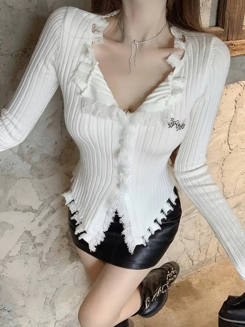 Women'S Sweater - Stretchy V-Neck Sweater Blouse, Long Sleeve Tops for Fall, Office & Party Outfits - Elegant Layering Piece for Everyday Formal Events, Seasonal Wardrobe Staple, Chic Knitwear, Soft Fabric, Versatile Top, Fashion Lovers