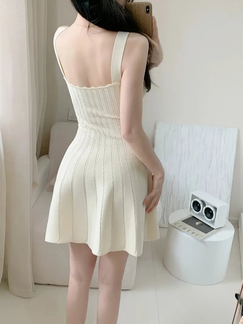 Women's Beige Sleeveless A-Line dress - flared mini skirt, Stretchy nonSee-Through fabric, All-Season party & Everyday Outfit, Easy-Care Machine Washable