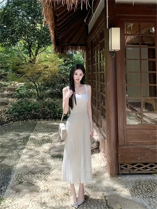 Elegant Sleeveless Dress - Slim Fit, Square Neck, Long Sleeve, Solid Color, Perfect for Summer, Casual to Formal Wear, Casual Summer Dress | Square Neckline Dress | Texture