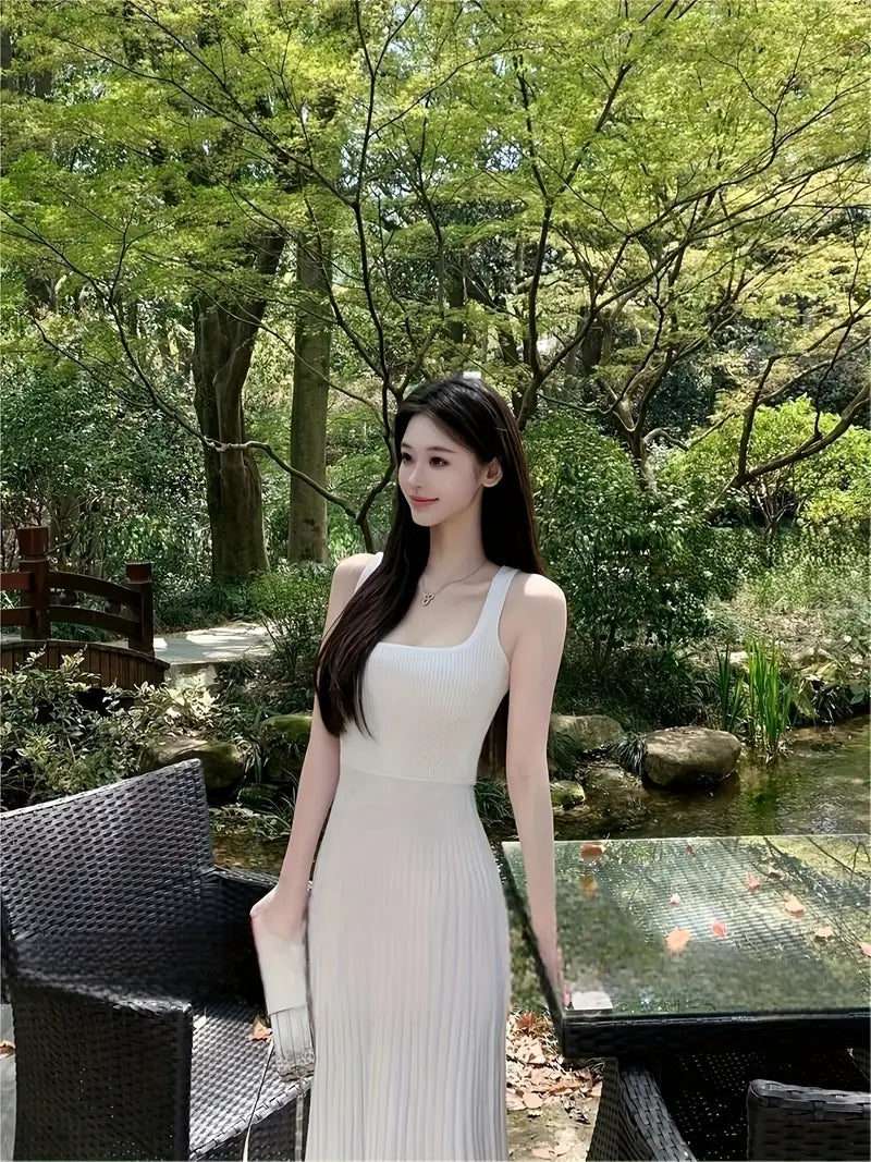 Elegant Sleeveless Dress - Slim Fit, Square Neck, Long Sleeve, Solid Color, Perfect for Summer, Casual to Formal Wear, Casual Summer Dress | Square Neckline Dress | Texture