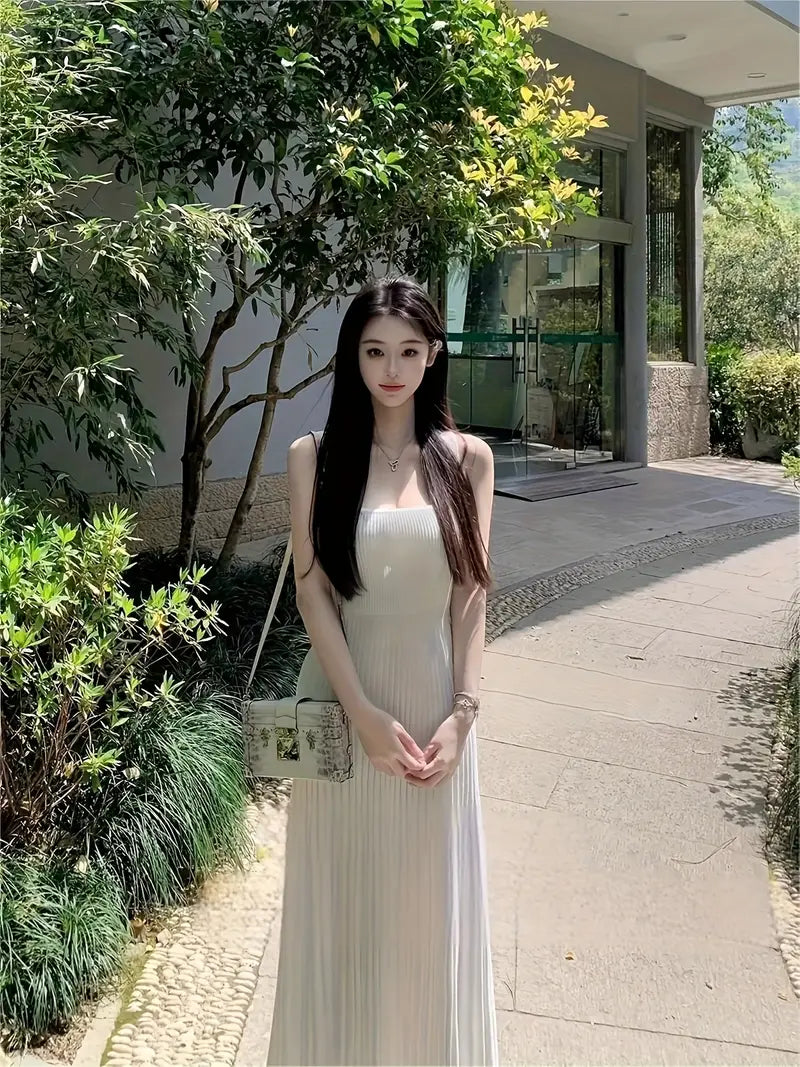 Elegant Sleeveless Dress - Slim Fit, Square Neck, Long Sleeve, Solid Color, Perfect for Summer, Casual to Formal Wear, Casual Summer Dress | Square Neckline Dress | Texture