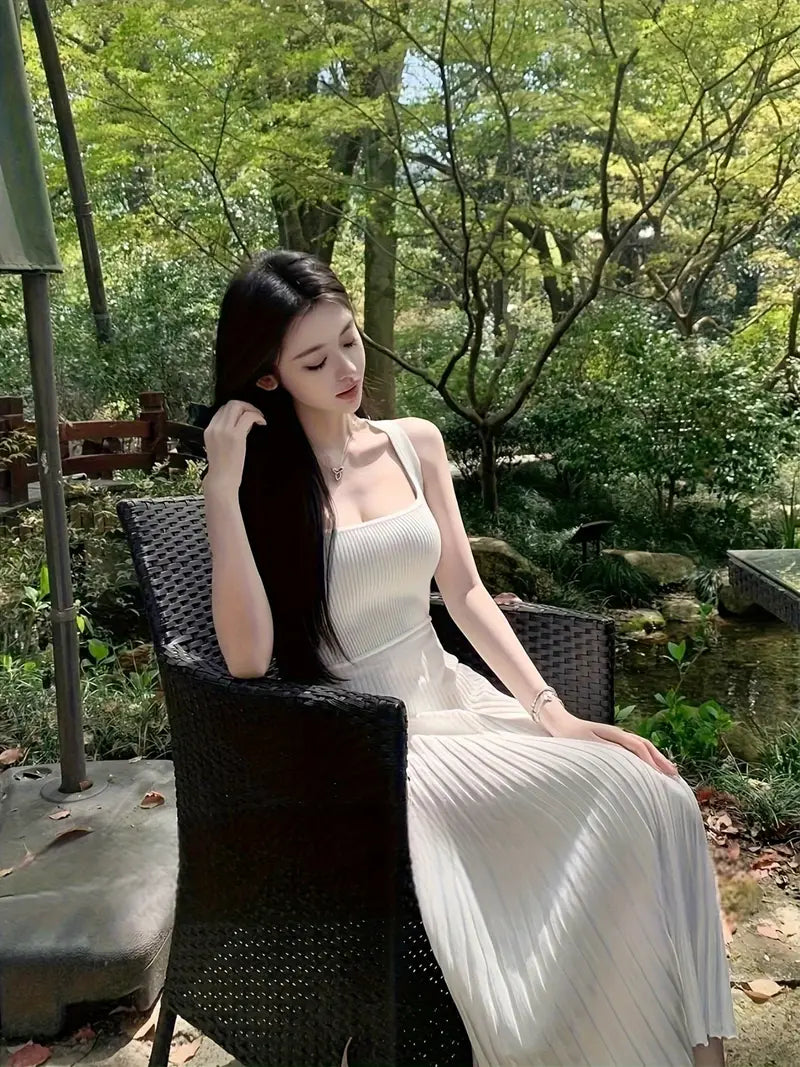 Elegant Sleeveless Dress - Slim Fit, Square Neck, Long Sleeve, Solid Color, Perfect for Summer, Casual to Formal Wear, Casual Summer Dress | Square Neckline Dress | Texture