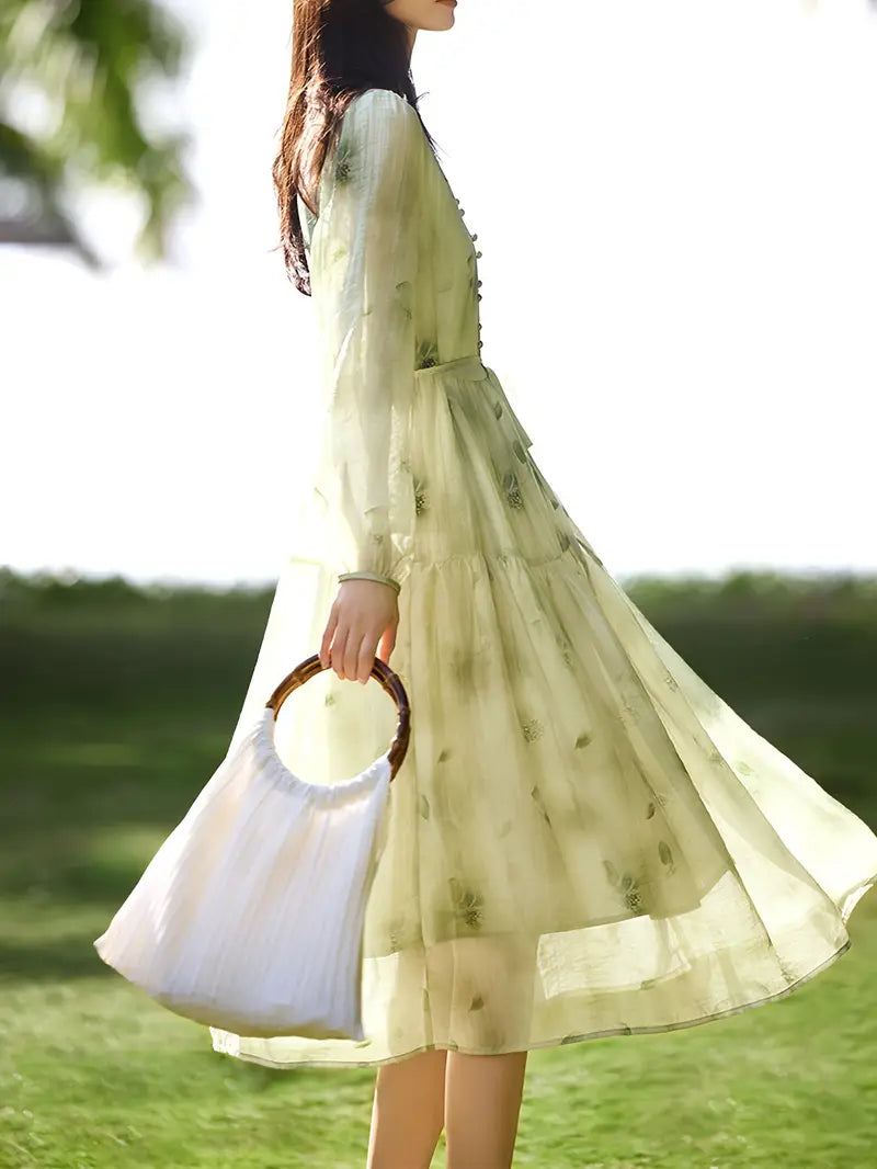 Pretty Loose Floral Printed V-Neck Polyester Midi Dress with Long Sleeves, Belt, and Button Details for Adult Women - Spring/Summer Collection
