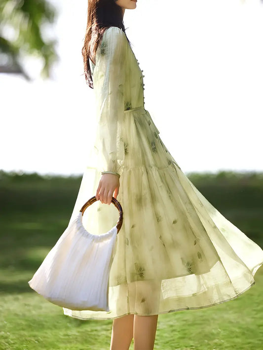 Pretty Loose Floral Printed V-Neck Polyester Midi Dress with Long Sleeves, Belt, and Button Details for Adult Women - Spring/Summer Collection