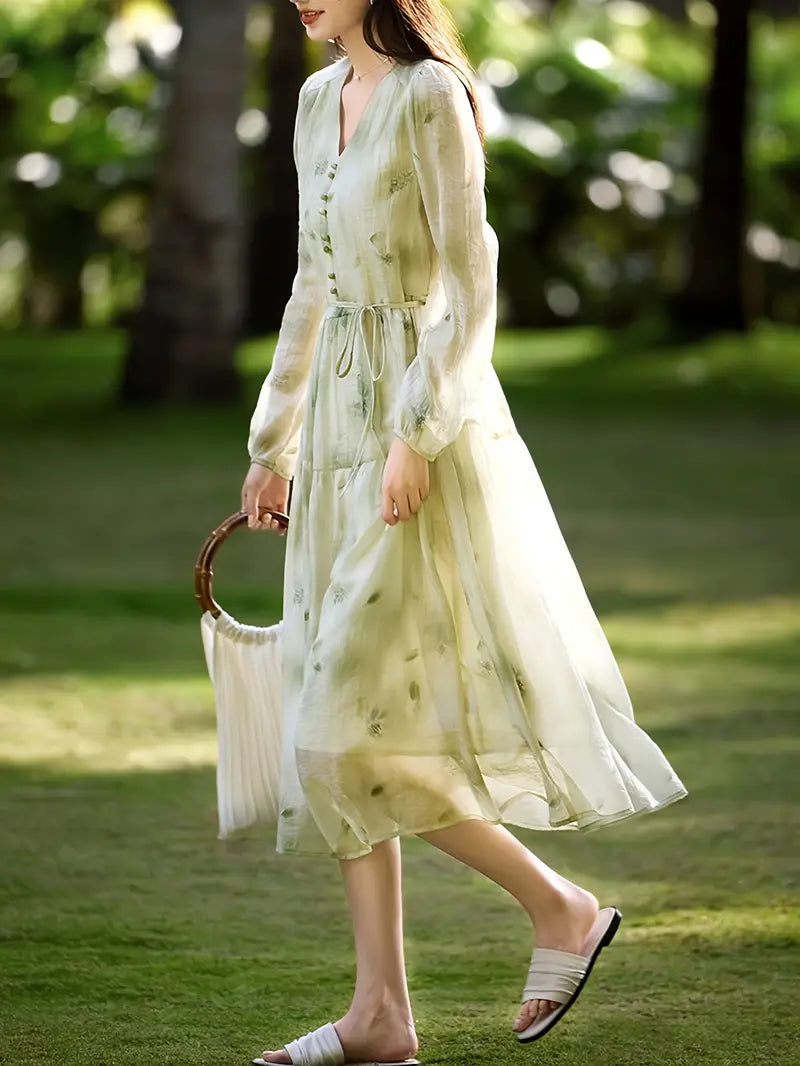 Pretty Loose Floral Printed V-Neck Polyester Midi Dress with Long Sleeves, Belt, and Button Details for Adult Women - Spring/Summer Collection