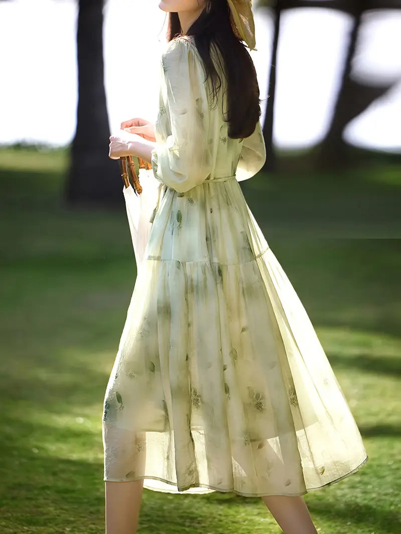 Pretty Loose Floral Printed V-Neck Polyester Midi Dress with Long Sleeves, Belt, and Button Details for Adult Women - Spring/Summer Collection