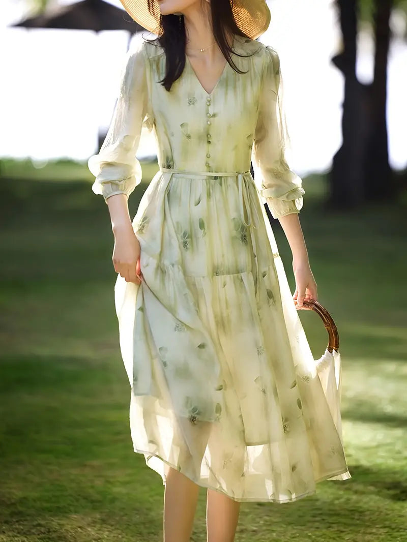 Pretty Loose Floral Printed V-Neck Polyester Midi Dress with Long Sleeves, Belt, and Button Details for Adult Women - Spring/Summer Collection