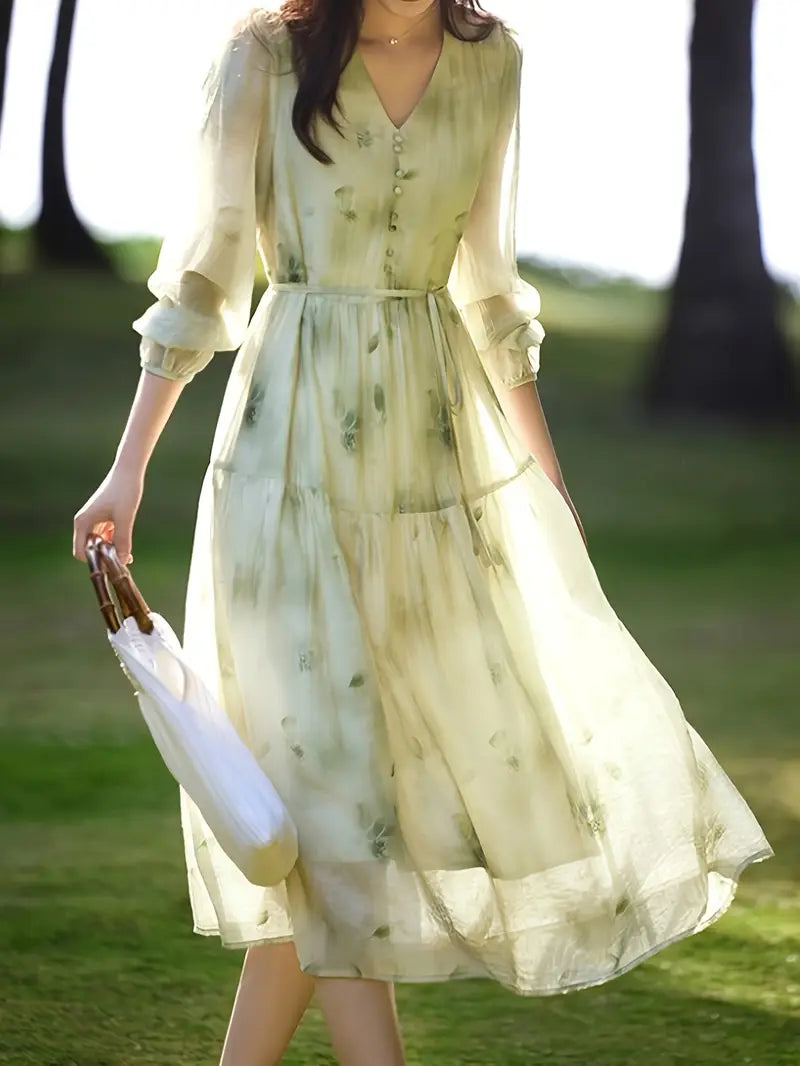 Pretty Loose Floral Printed V-Neck Polyester Midi Dress with Long Sleeves, Belt, and Button Details for Adult Women - Spring/Summer Collection