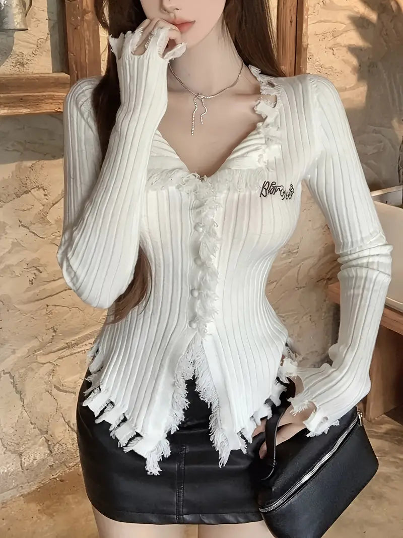 Women'S Sweater - Stretchy V-Neck Sweater Blouse, Long Sleeve Tops for Fall, Office & Party Outfits - Elegant Layering Piece for Everyday Formal Events, Seasonal Wardrobe Staple, Chic Knitwear, Soft Fabric, Versatile Top, Fashion Lovers
