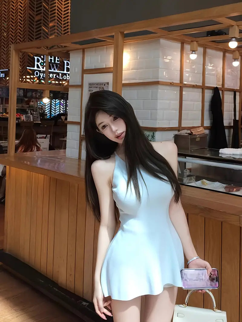2025 Summer Sexy Korean-Style Sleeveless Fish-Tail Dress - Soft Beige, Skin-Fitting, Waist-Cinching, Round Neck, Perfect for Casual & Formal Events, Casual Event Dress | Sleeveless Fashion | Skinfit Dress