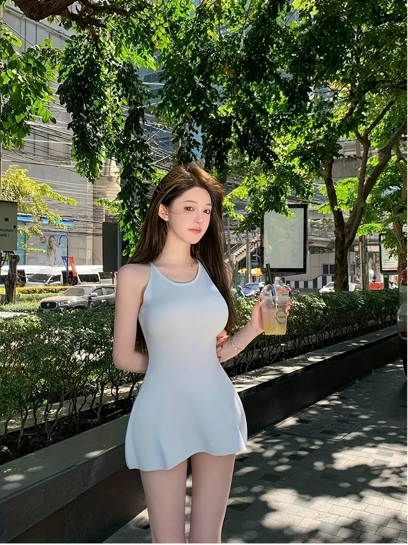 2025 Summer Sexy Korean-Style Sleeveless Fish-Tail Dress - Soft Beige, Skin-Fitting, Waist-Cinching, Round Neck, Perfect for Casual & Formal Events, Casual Event Dress | Sleeveless Fashion | Skinfit Dress