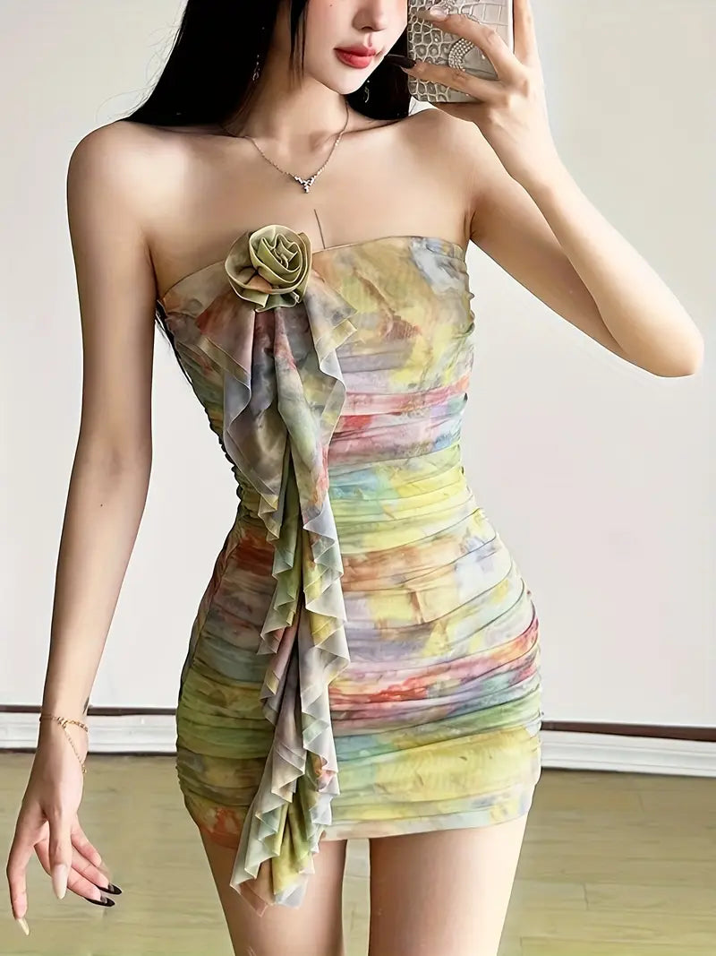 Sexy Off-Shoulder Tie-Dye Mini Dress with Ruffled Hem & Floral Accents - Bodycon Fit, Stretchy Polyester Blend, Knee-Length for Women, Perfect for Casual or Evening Wear, Cute Dress