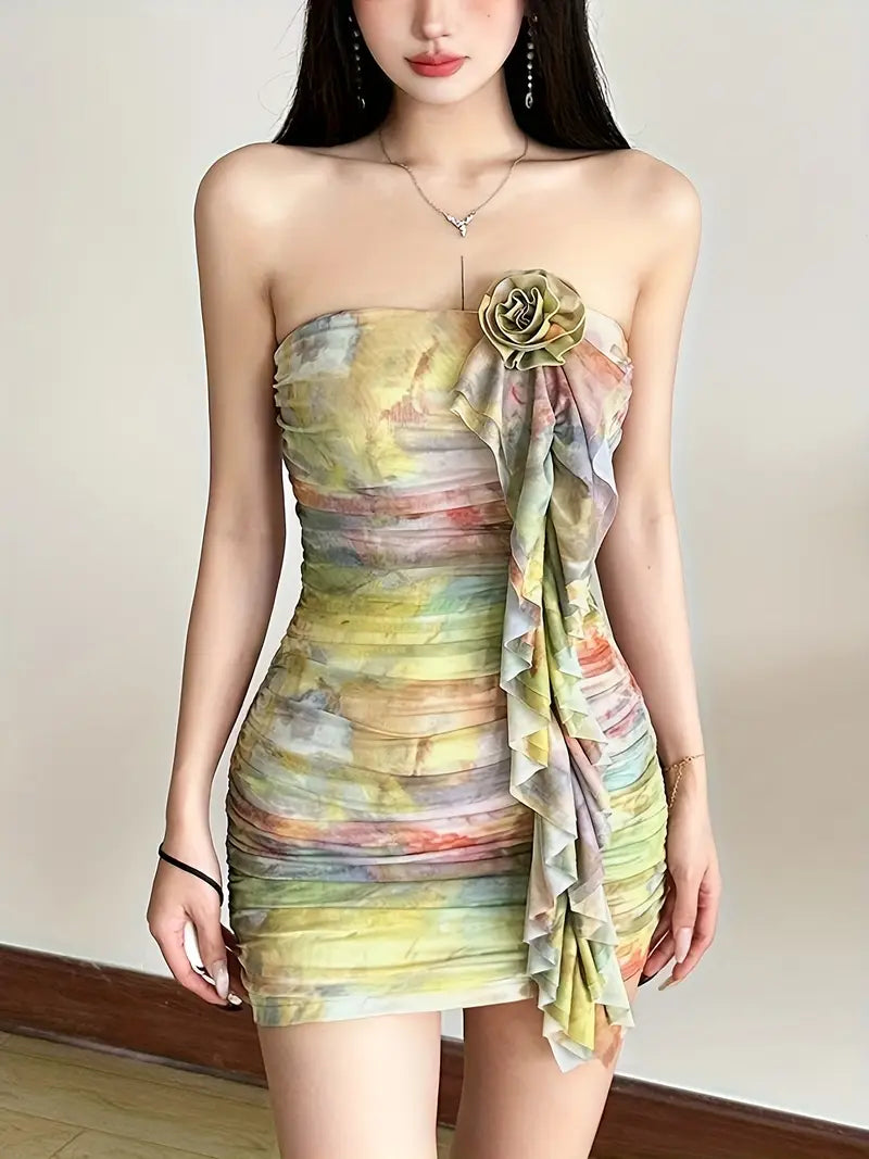 Sexy Off-Shoulder Tie-Dye Mini Dress with Ruffled Hem & Floral Accents - Bodycon Fit, Stretchy Polyester Blend, Knee-Length for Women, Perfect for Casual or Evening Wear, Cute Dress