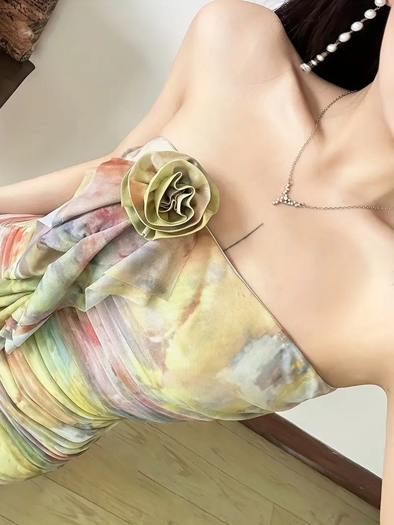 Sexy Off-Shoulder Tie-Dye Mini Dress with Ruffled Hem & Floral Accents - Bodycon Fit, Stretchy Polyester Blend, Knee-Length for Women, Perfect for Casual or Evening Wear, Cute Dress