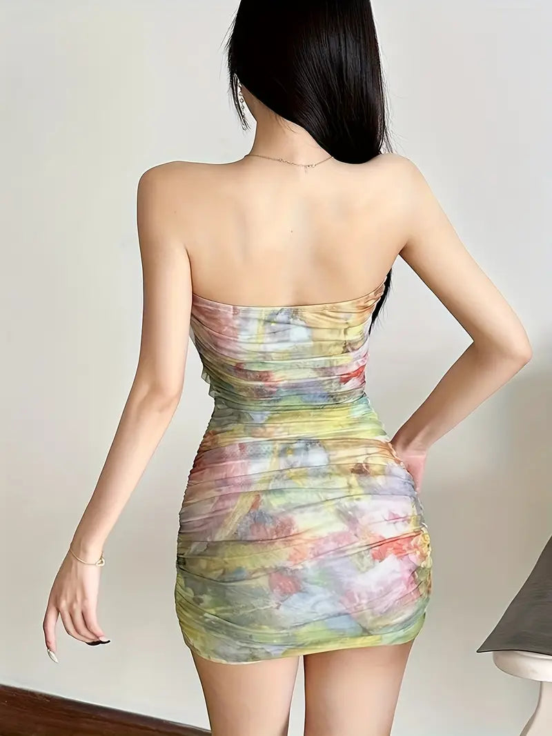 Sexy Off-Shoulder Tie-Dye Mini Dress with Ruffled Hem & Floral Accents - Bodycon Fit, Stretchy Polyester Blend, Knee-Length for Women, Perfect for Casual or Evening Wear, Cute Dress