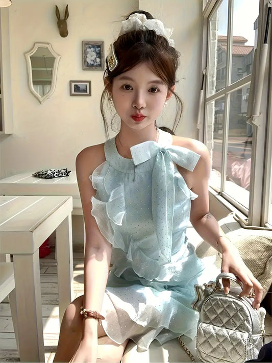 Elegant Off-Shoulder Rhinestone-Embellished Mesh Mini Dress for Women - Summer French-Inspired A-Line Cut with Ruffled Hem, Sleeveless Design, Perfect for Casual or Formal Occasions, Cute Dress