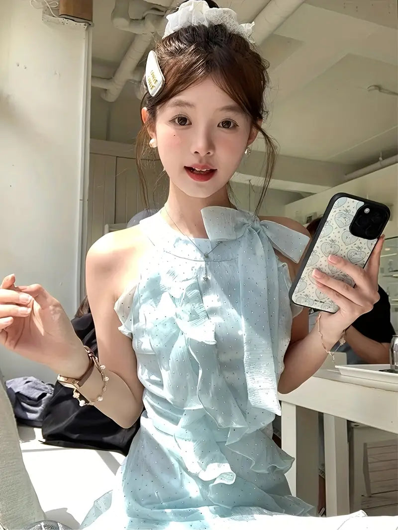 Elegant Off-Shoulder Rhinestone-Embellished Mesh Mini Dress for Women - Summer French-Inspired A-Line Cut with Ruffled Hem, Sleeveless Design, Perfect for Casual or Formal Occasions, Cute Dress