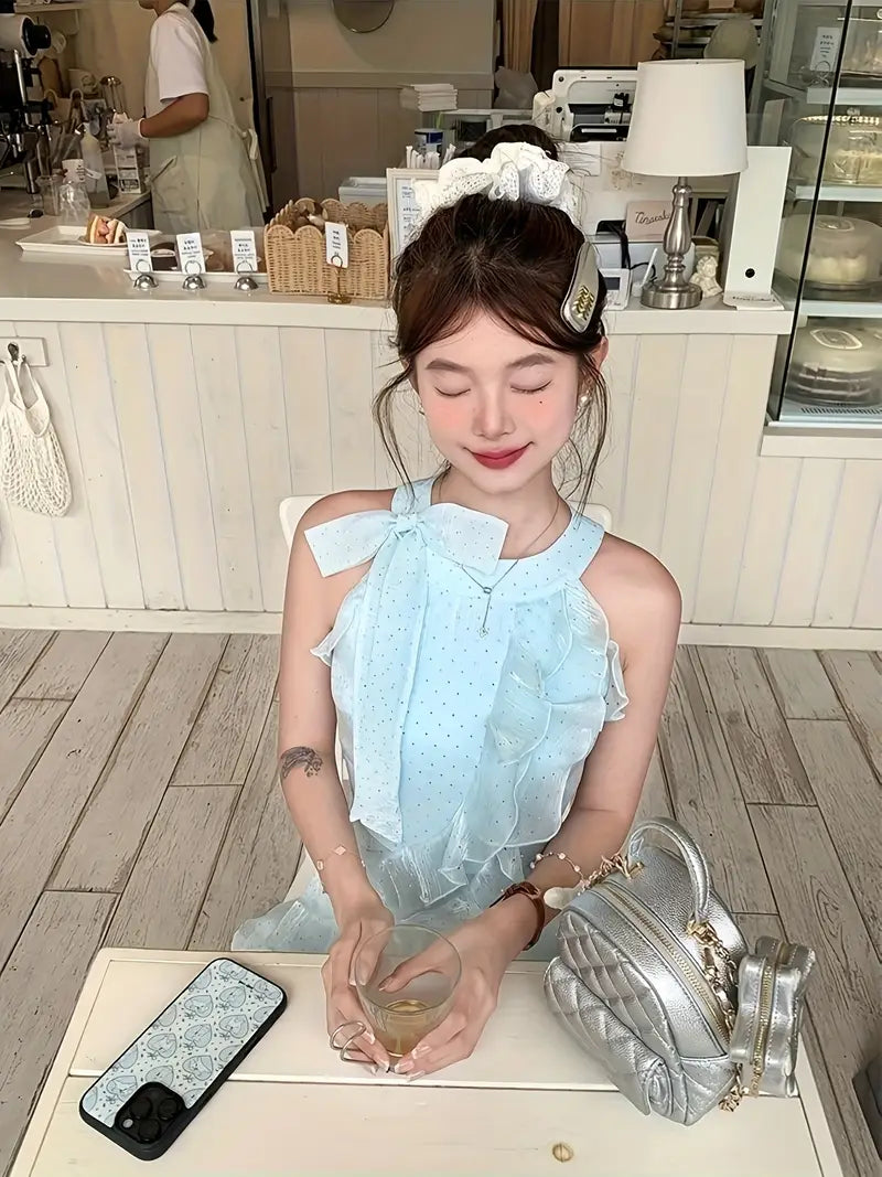 Elegant Off-Shoulder Rhinestone-Embellished Mesh Mini Dress for Women - Summer French-Inspired A-Line Cut with Ruffled Hem, Sleeveless Design, Perfect for Casual or Formal Occasions, Cute Dress