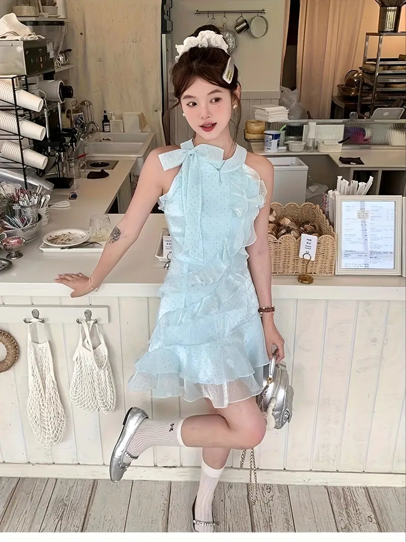 Elegant Off-Shoulder Rhinestone-Embellished Mesh Mini Dress for Women - Summer French-Inspired A-Line Cut with Ruffled Hem, Sleeveless Design, Perfect for Casual or Formal Occasions, Cute Dress