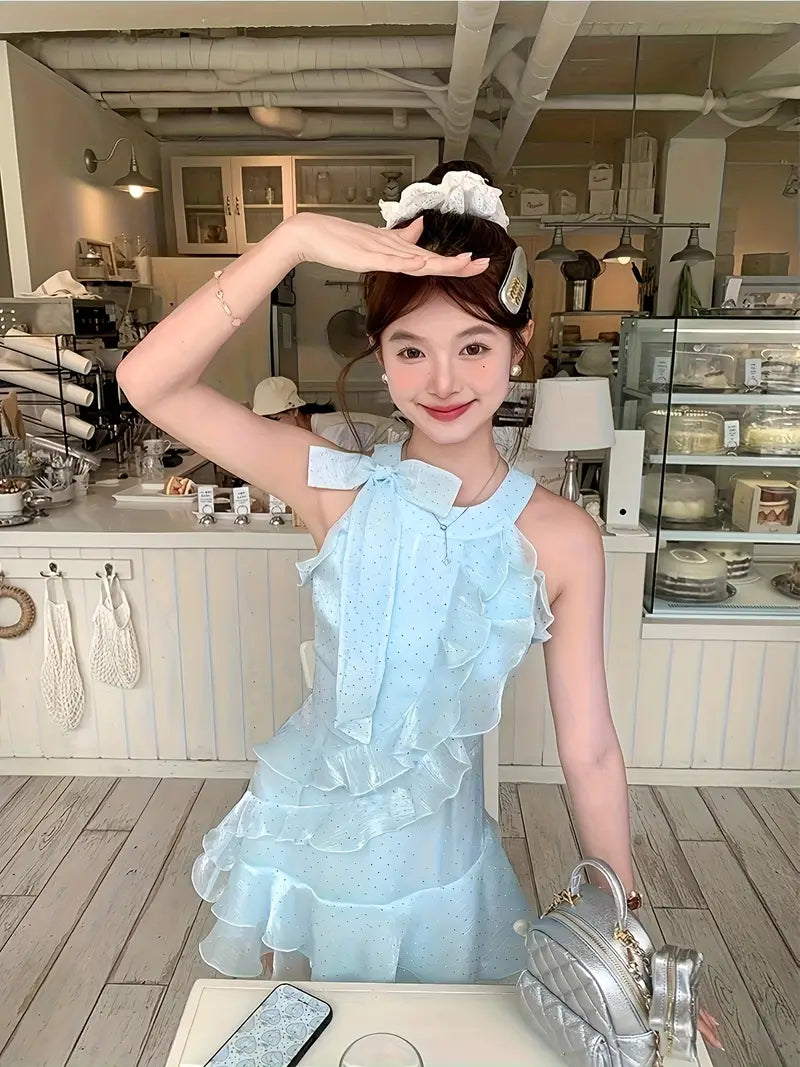 Elegant Off-Shoulder Rhinestone-Embellished Mesh Mini Dress for Women - Summer French-Inspired A-Line Cut with Ruffled Hem, Sleeveless Design, Perfect for Casual or Formal Occasions, Cute Dress