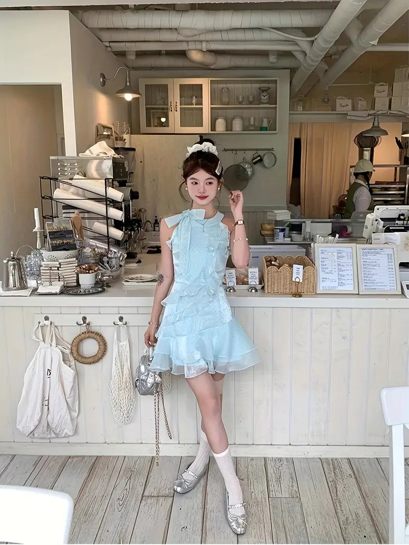 Elegant Off-Shoulder Rhinestone-Embellished Mesh Mini Dress for Women - Summer French-Inspired A-Line Cut with Ruffled Hem, Sleeveless Design, Perfect for Casual or Formal Occasions, Cute Dress