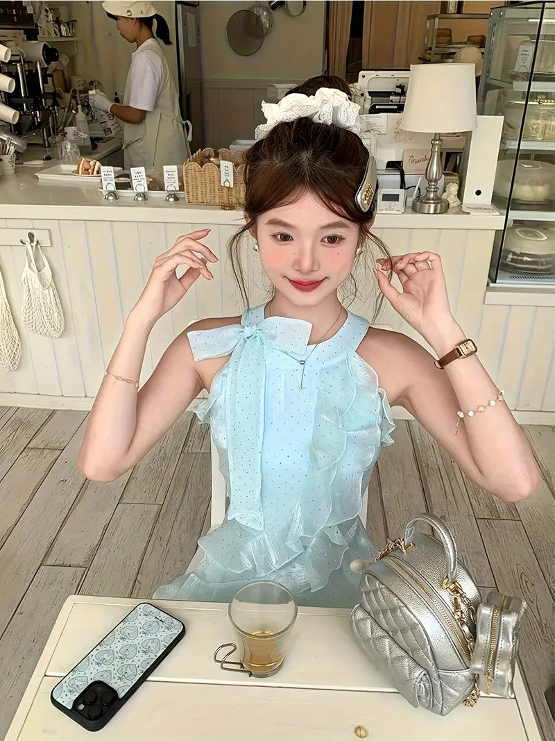Elegant Off-Shoulder Rhinestone-Embellished Mesh Mini Dress for Women - Summer French-Inspired A-Line Cut with Ruffled Hem, Sleeveless Design, Perfect for Casual or Formal Occasions, Cute Dress