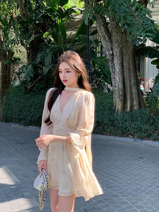 Women's Elegant V-Neck Floral Chiffon Dress with Bell Sleeves & Tie-Waist Detail - Lightweight Pleated Hem Flared Skirt for Spring Summer Fall, Casual to Semi-Formal Occasions, Floral Print Dress, Seasonal Fashion, Delicate Fabric