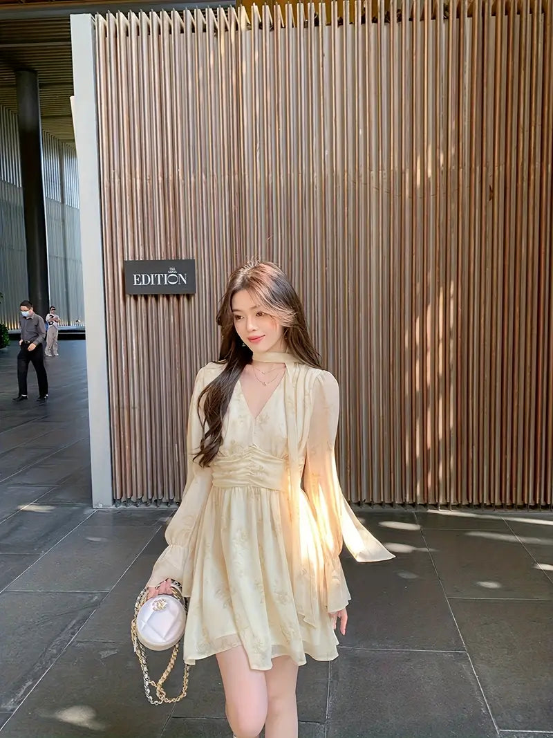 Women's Elegant V-Neck Floral Chiffon Dress with Bell Sleeves & Tie-Waist Detail - Lightweight Pleated Hem Flared Skirt for Spring Summer Fall, Casual to Semi-Formal Occasions, Floral Print Dress, Seasonal Fashion, Delicate Fabric