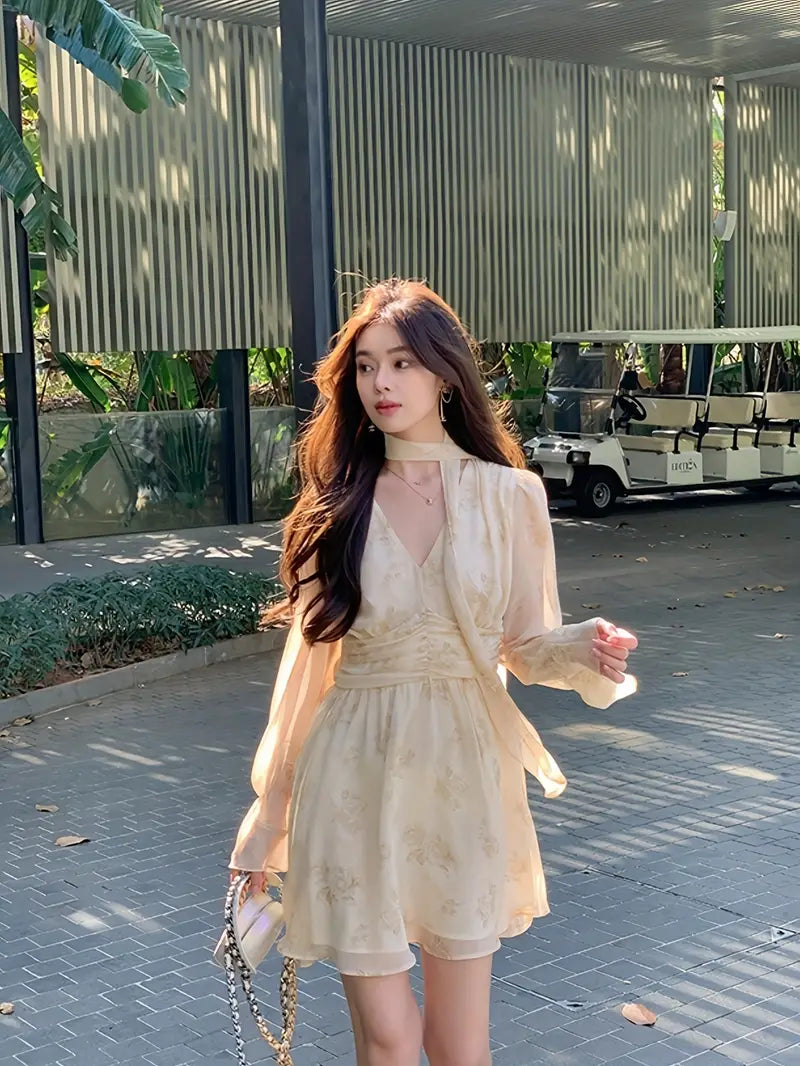 Women's Elegant V-Neck Floral Chiffon Dress with Bell Sleeves & Tie-Waist Detail - Lightweight Pleated Hem Flared Skirt for Spring Summer Fall, Casual to Semi-Formal Occasions, Floral Print Dress, Seasonal Fashion, Delicate Fabric