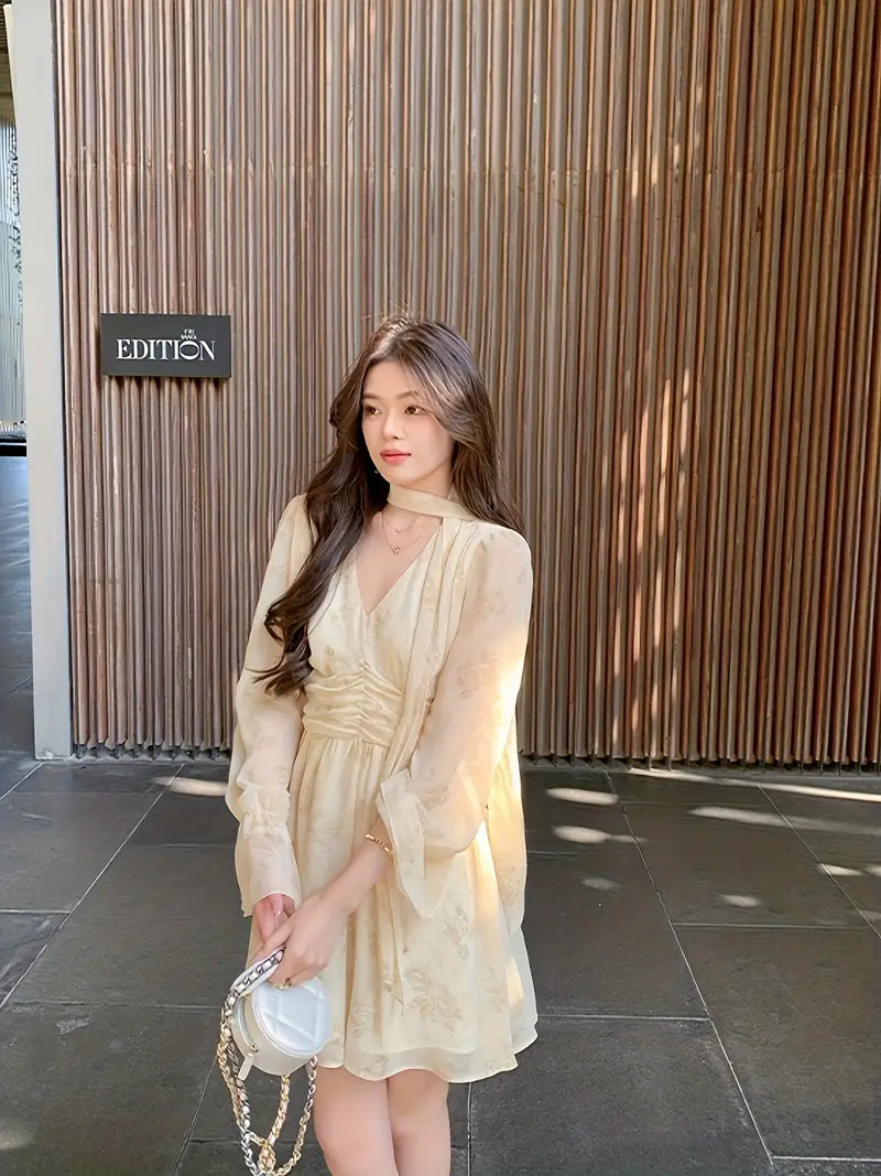 Women's Elegant V-Neck Floral Chiffon Dress with Bell Sleeves & Tie-Waist Detail - Lightweight Pleated Hem Flared Skirt for Spring Summer Fall, Casual to Semi-Formal Occasions, Floral Print Dress, Seasonal Fashion, Delicate Fabric