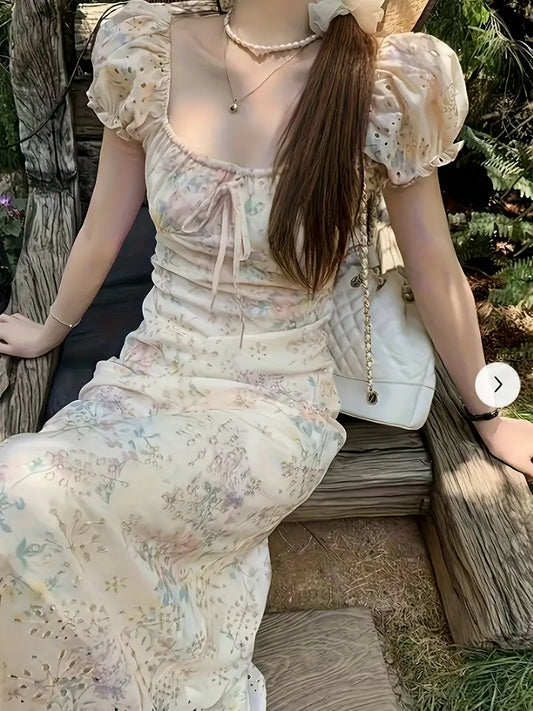 Women's Elegant Floral print A-Line maxi dress - Floral pattern in Pastel Pink, Beige, Green, Purple - Formal & Casual event Dresses