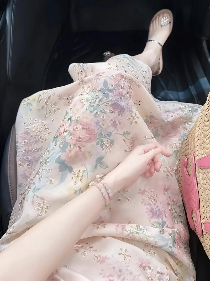 Women's Elegant Floral print A-Line maxi dress - Floral pattern in Pastel Pink, Beige, Green, Purple - Formal & Casual event Dresses