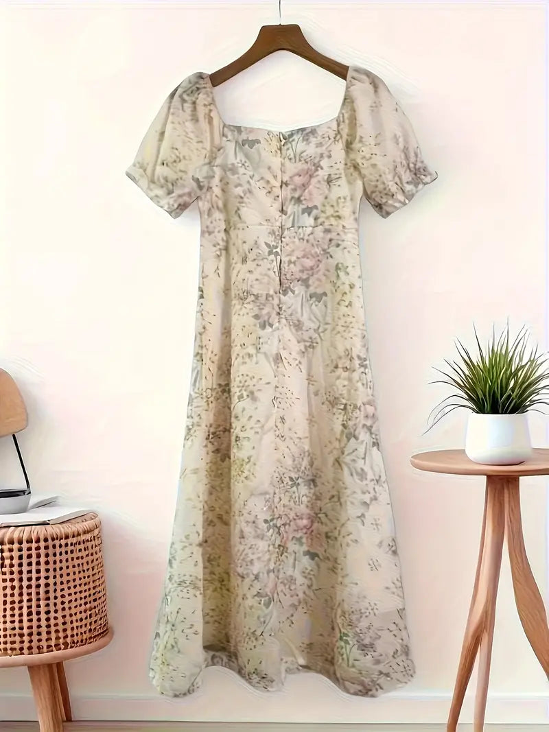 Women's Elegant Floral print A-Line maxi dress - Floral pattern in Pastel Pink, Beige, Green, Purple - Formal & Casual event Dresses