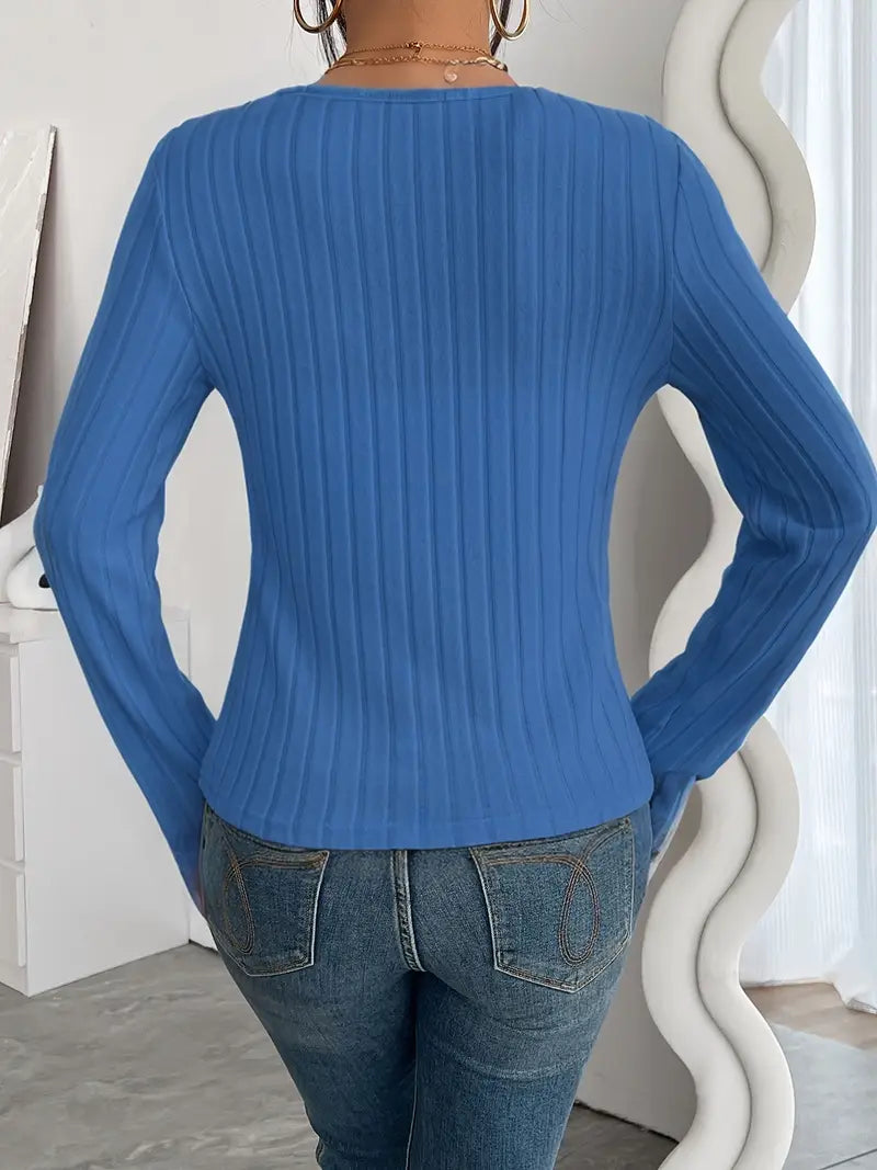 Women'S Chic Ribbed V-Neck Slim Fit Top - Elegant Long Sleeve, Solid Black, Perfect for Fall/Winter Fashion, Stylish Layering Piece
