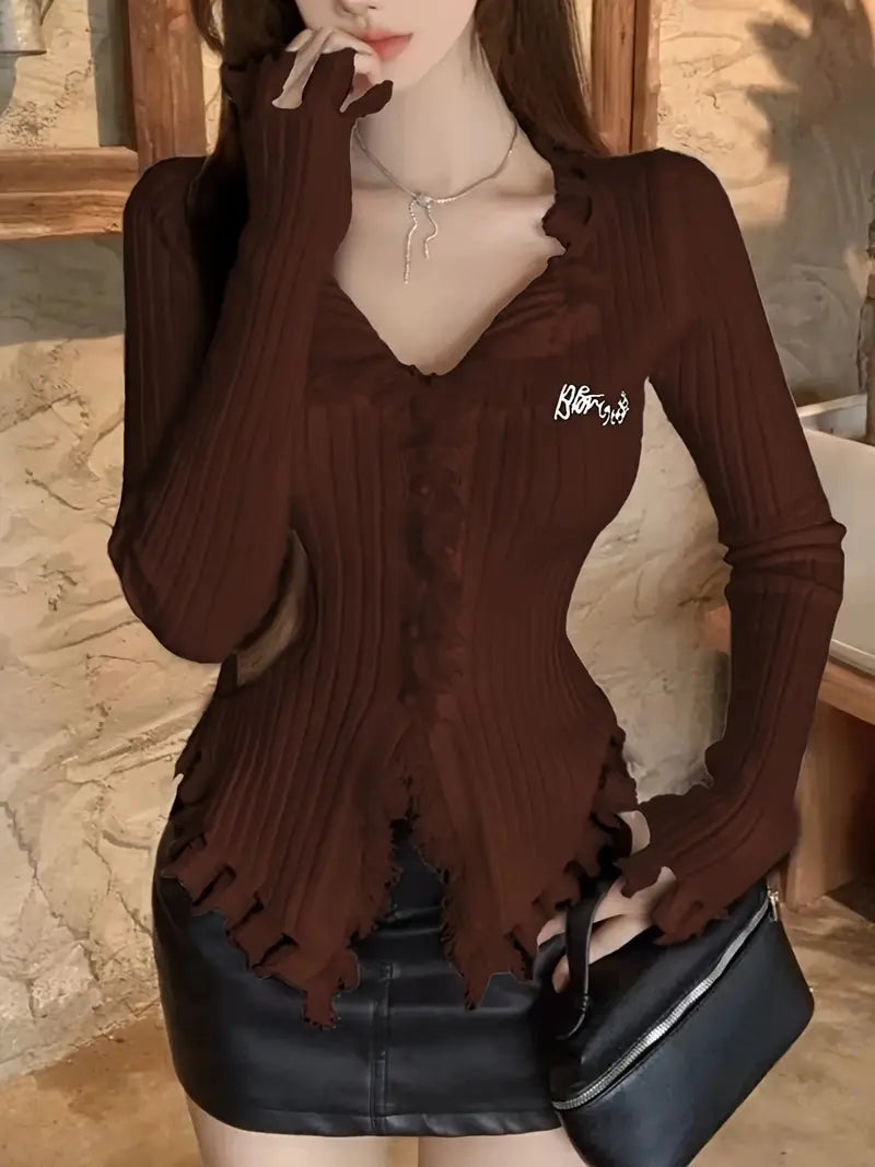 Women'S Sweater - Stretchy V-Neck Sweater Blouse, Long Sleeve Tops for Fall, Office & Party Outfits - Elegant Layering Piece for Everyday Formal Events, Seasonal Wardrobe Staple, Chic Knitwear, Soft Fabric, Versatile Top, Fashion Lovers