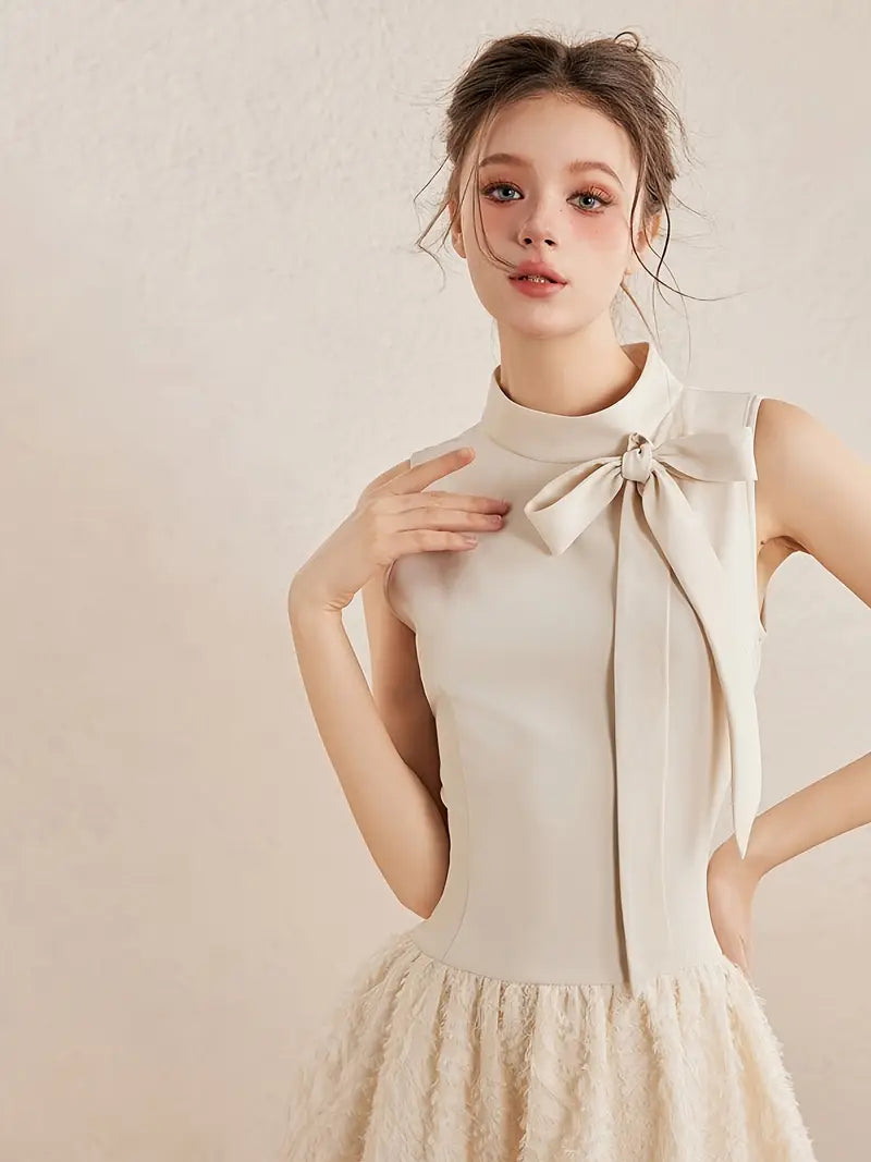 Chic Sleeveless A-Line Dress for Women - Elegant Bow Detail, Breathable Polyester, Light Beige with Ruffled Hem, Perfect for Summer, Cute Dress