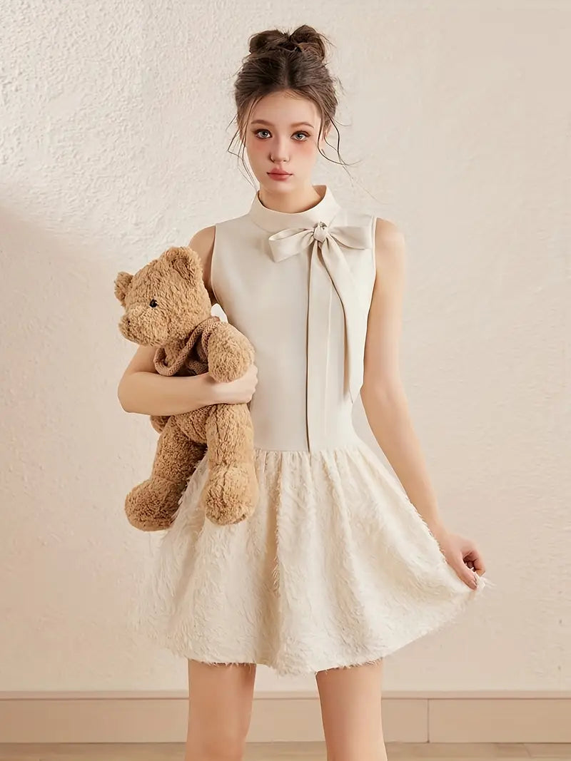 Chic Sleeveless A-Line Dress for Women - Elegant Bow Detail, Breathable Polyester, Light Beige with Ruffled Hem, Perfect for Summer, Cute Dress