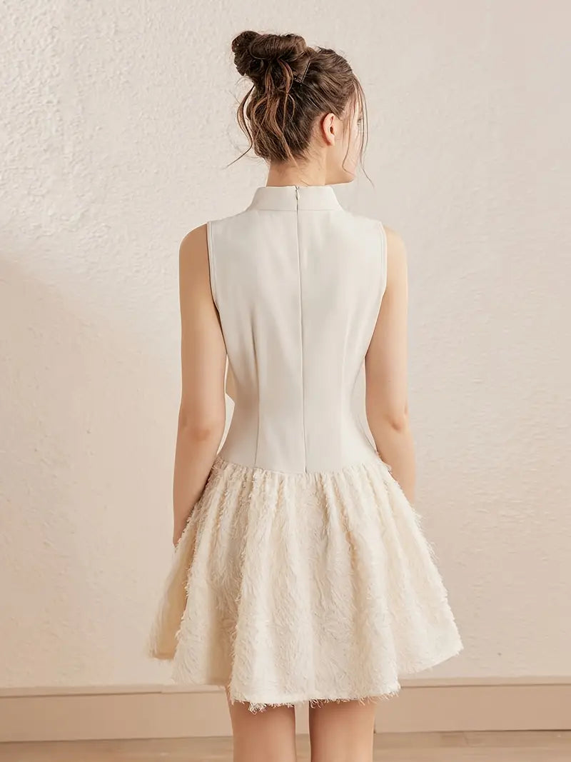 Chic Sleeveless A-Line Dress for Women - Elegant Bow Detail, Breathable Polyester, Light Beige with Ruffled Hem, Perfect for Summer, Cute Dress