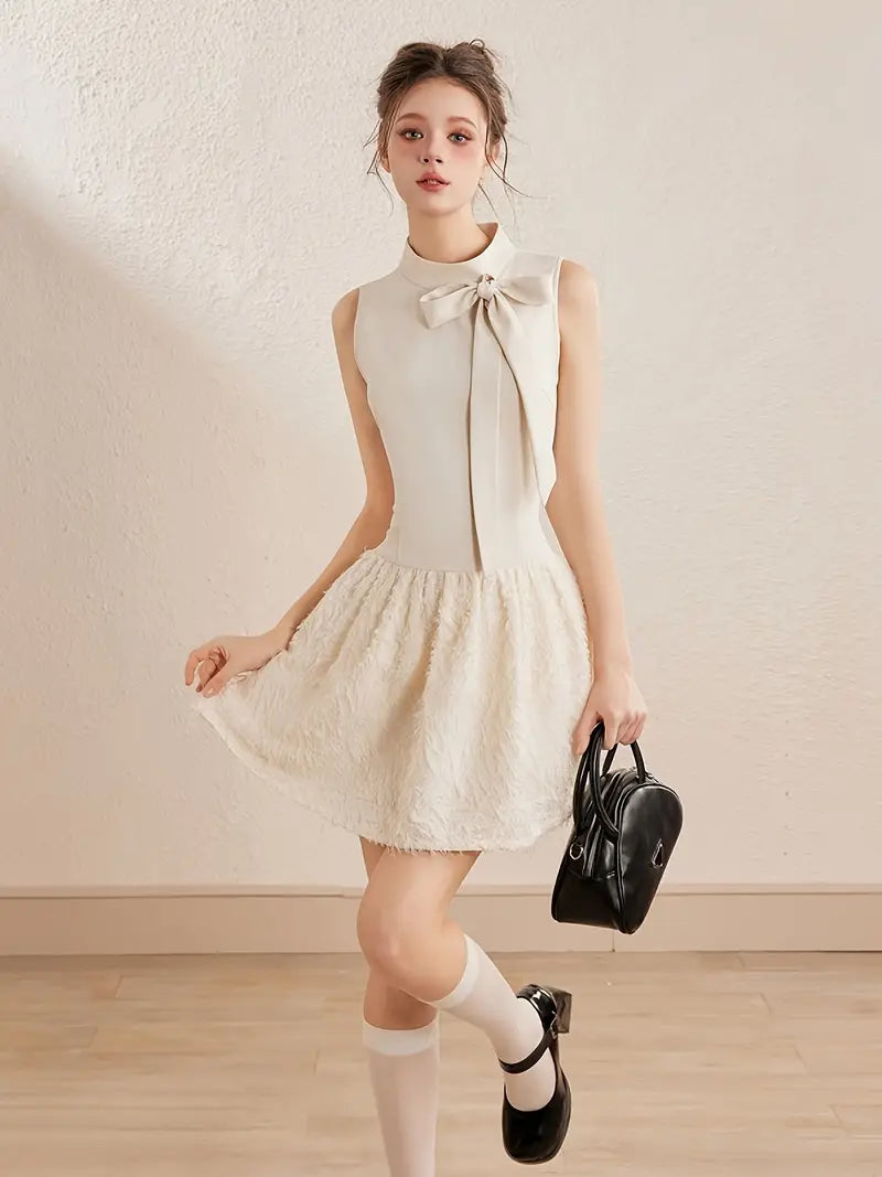 Chic Sleeveless A-Line Dress for Women - Elegant Bow Detail, Breathable Polyester, Light Beige with Ruffled Hem, Perfect for Summer, Cute Dress