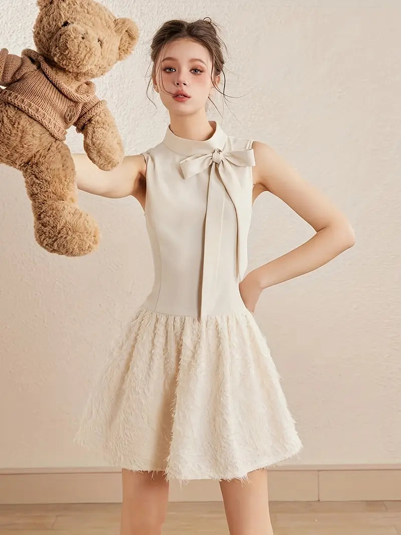 Chic Sleeveless A-Line Dress for Women - Elegant Bow Detail, Breathable Polyester, Light Beige with Ruffled Hem, Perfect for Summer, Cute Dress