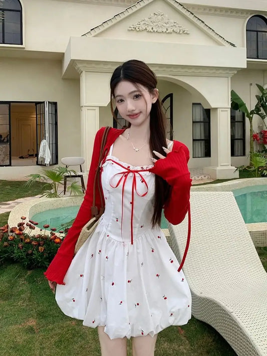 Summer New Sweet Style Red Floral Print Camisole Dress with Waist Tie French Bud Short Skirt for Women