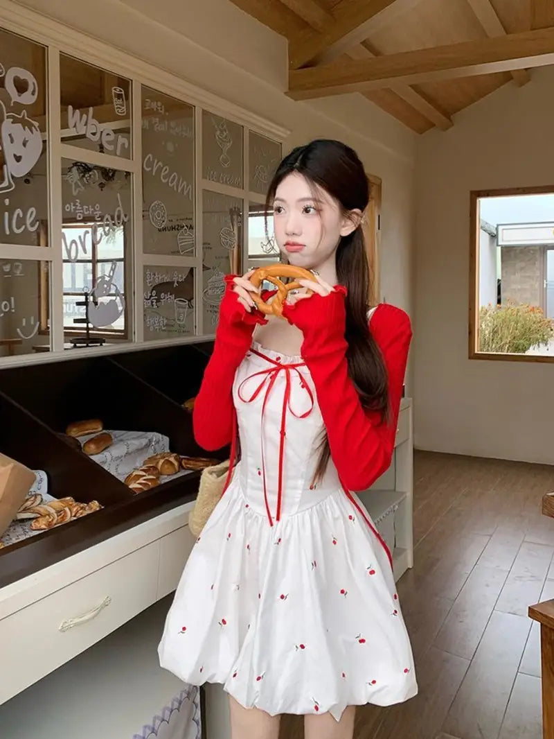 Summer New Sweet Style Red Floral Print Camisole Dress with Waist Tie French Bud Short Skirt for Women