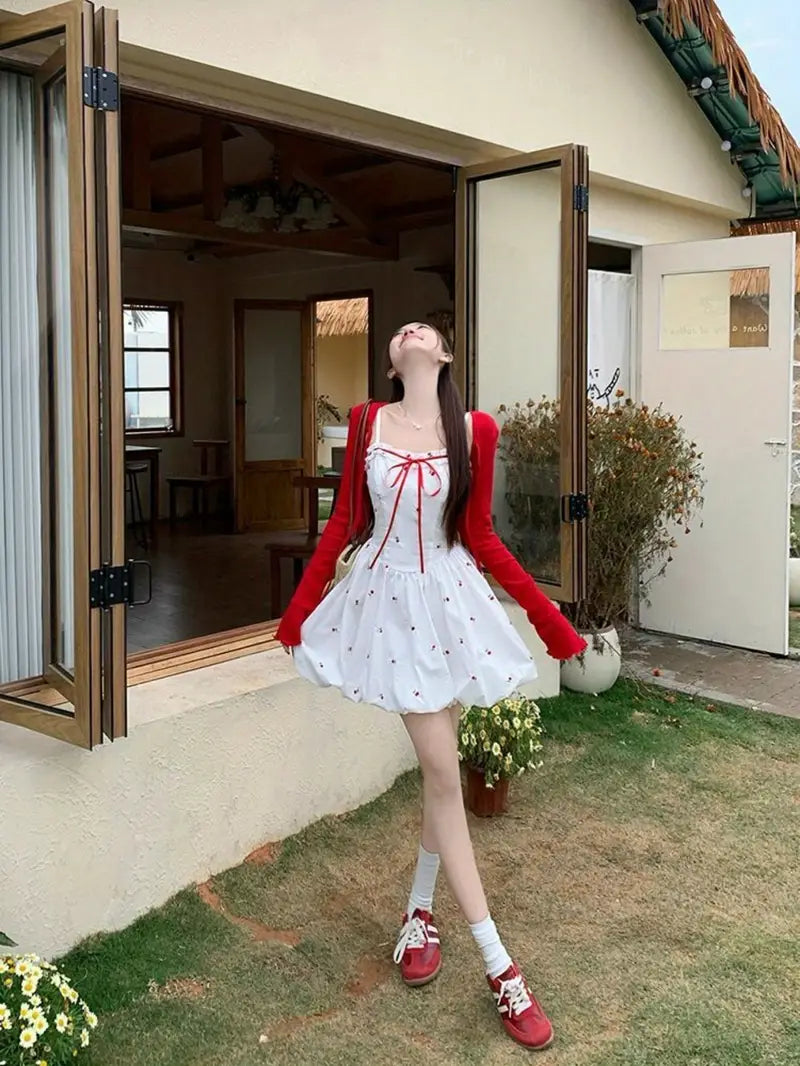 Summer New Sweet Style Red Floral Print Camisole Dress with Waist Tie French Bud Short Skirt for Women