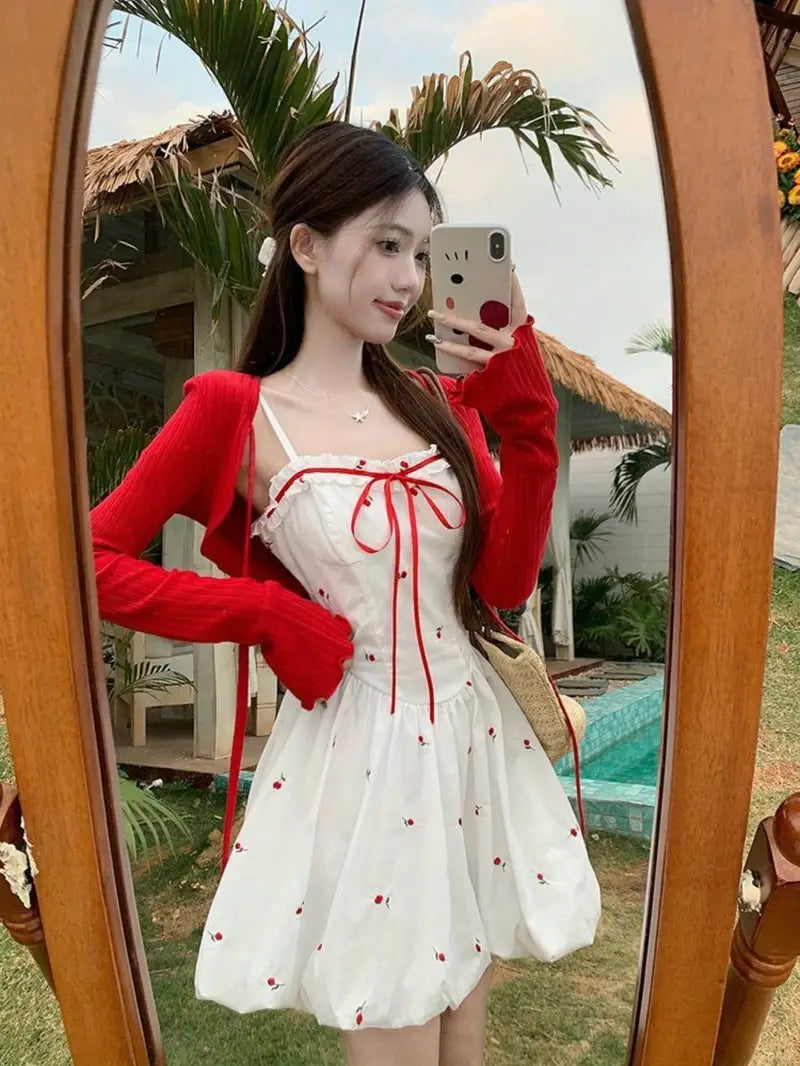 Summer New Sweet Style Red Floral Print Camisole Dress with Waist Tie French Bud Short Skirt for Women