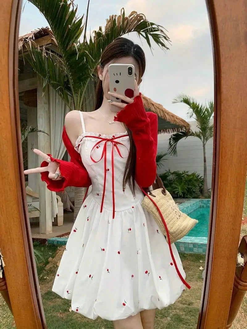 Summer New Sweet Style Red Floral Print Camisole Dress with Waist Tie French Bud Short Skirt for Women